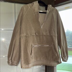 Green/Tan Corduroy Pullover with Front Pocket and hood